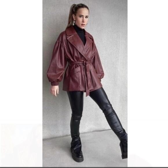 NWOT Zara Blogger Maroon Faux Leather Belted Oversized Blazer Jacket. - Picture 3 of 11